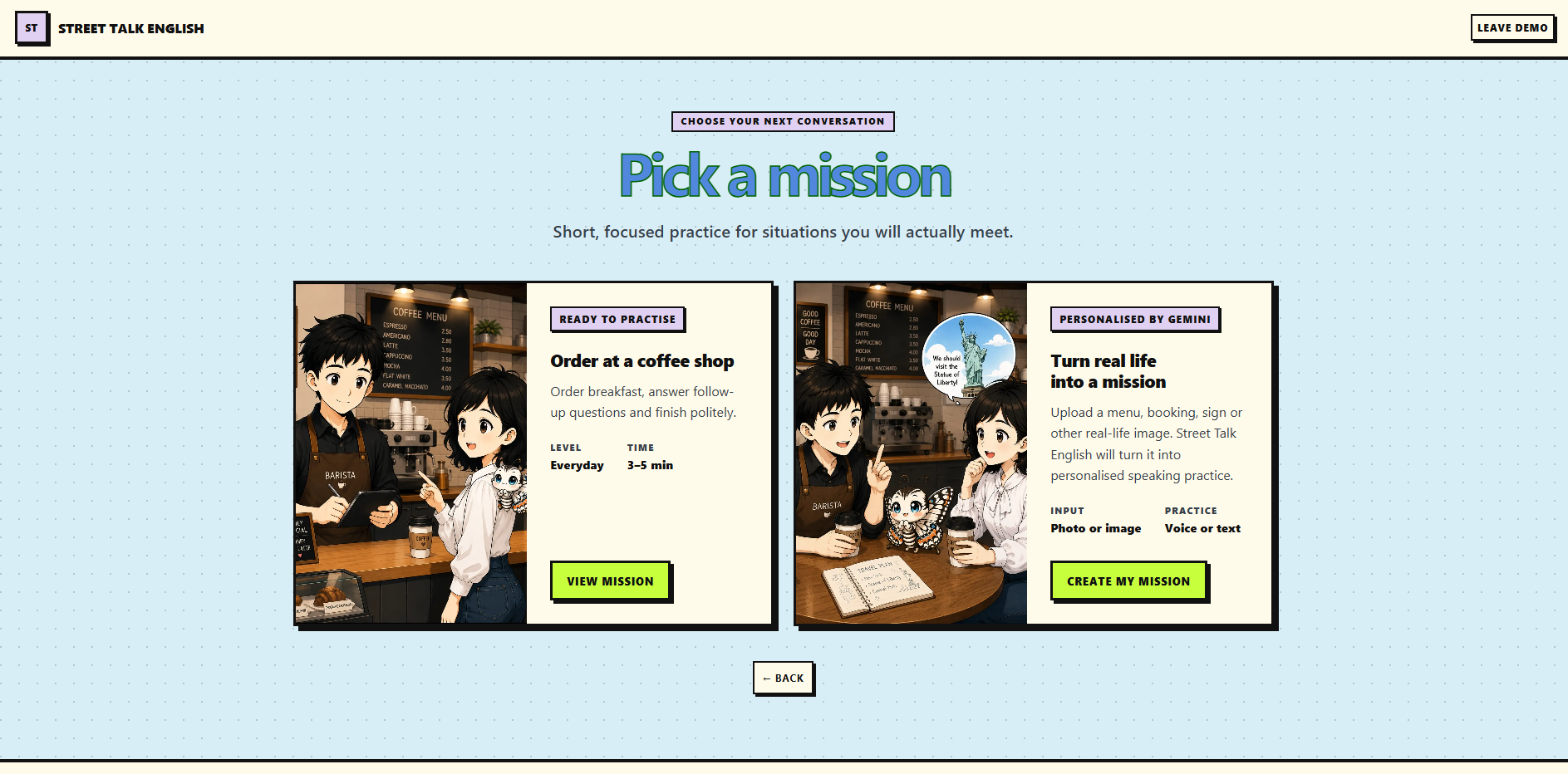 Street Talk English mission-selection screen with coffee-shop and personalised mission options