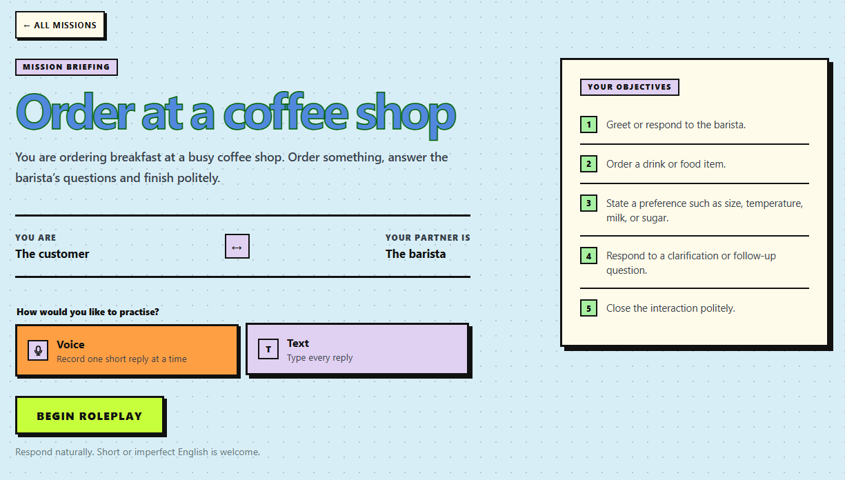 Coffee-shop mission briefing with voice and text practice options and five objectives