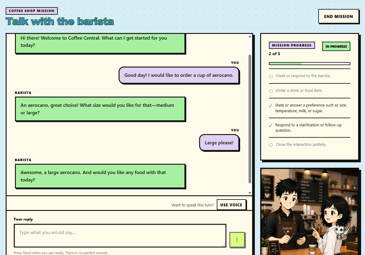 Coffee-shop roleplay conversation with objective progress and voice or text reply options