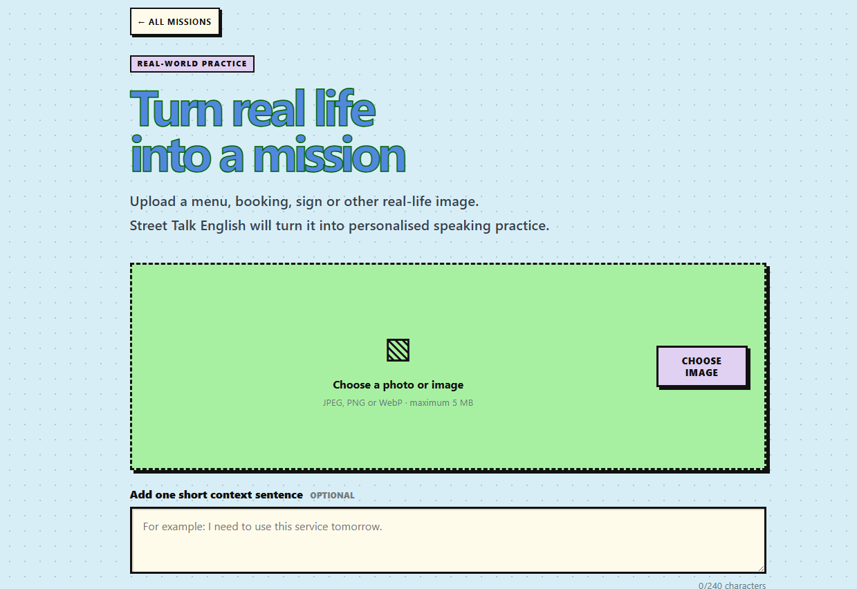Street Talk English screen for creating a personalised mission from a photo or image